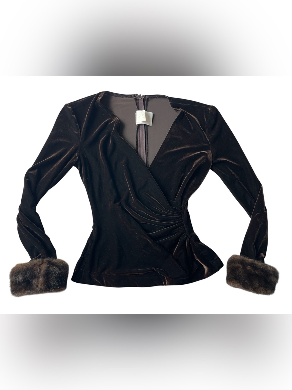 VINTAGE TADASHI BROWN VELVET FUR CUFF V NECK BLOUSE WOMENS MEDIUM